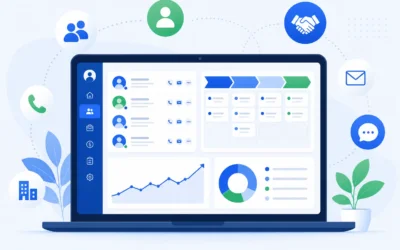 CRM-система для бизнеса: дашборд с карточками клиентов, воронкой продаж и аналитикой на экране ноутбука