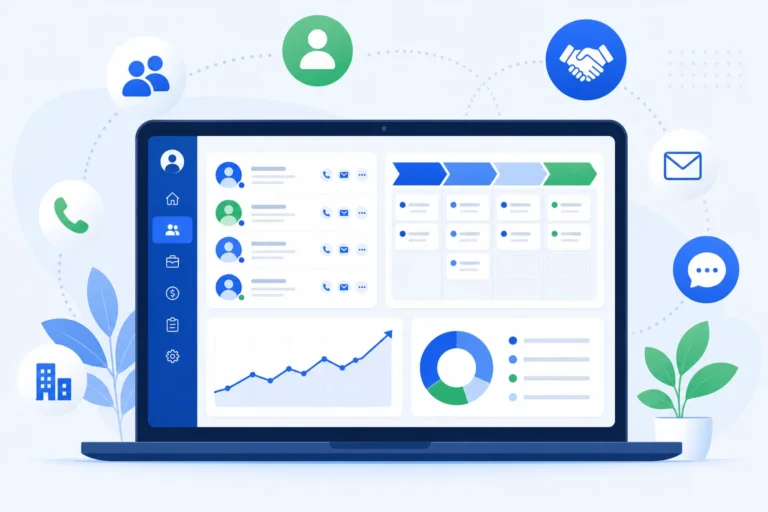 CRM-система для бизнеса: дашборд с карточками клиентов, воронкой продаж и аналитикой на экране ноутбука